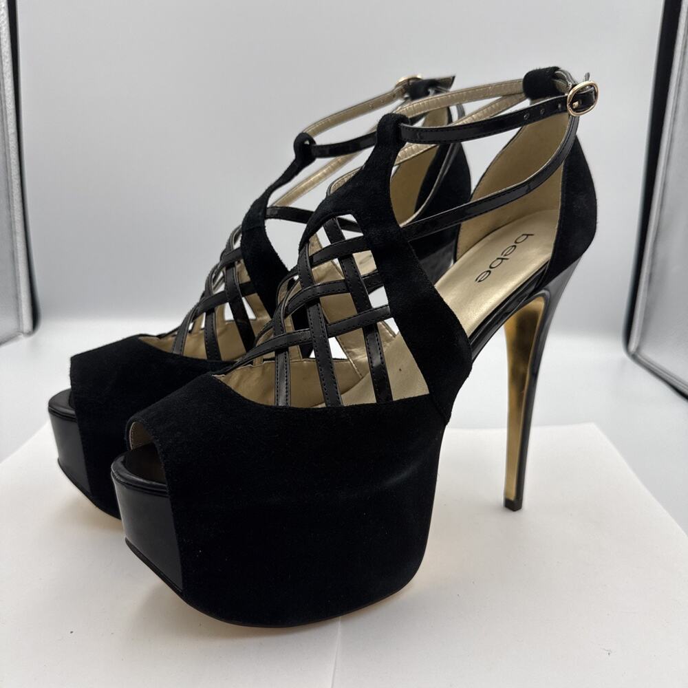 Bebe Y2K Style Black Suede Strappy Platform Heels w/ Gold Heel Size 10 #25